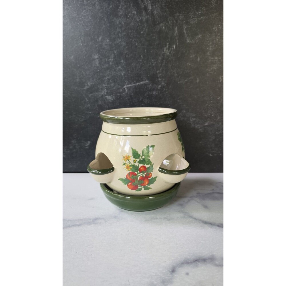 Vntage glazed Ceramic Planter Pot 4 side openings  1960's painted tomatoes herbs